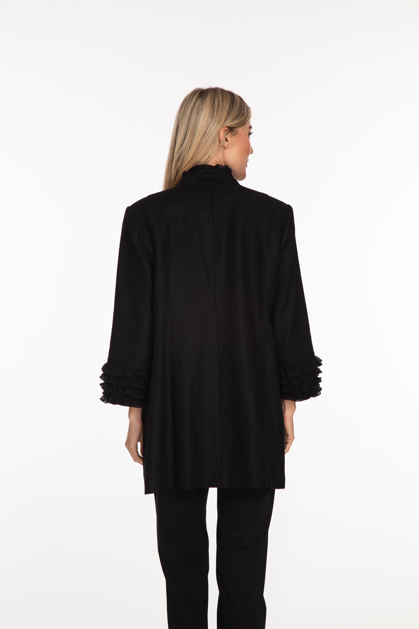 Linen Blend Jacket with Shirred Trim - Women's - Black