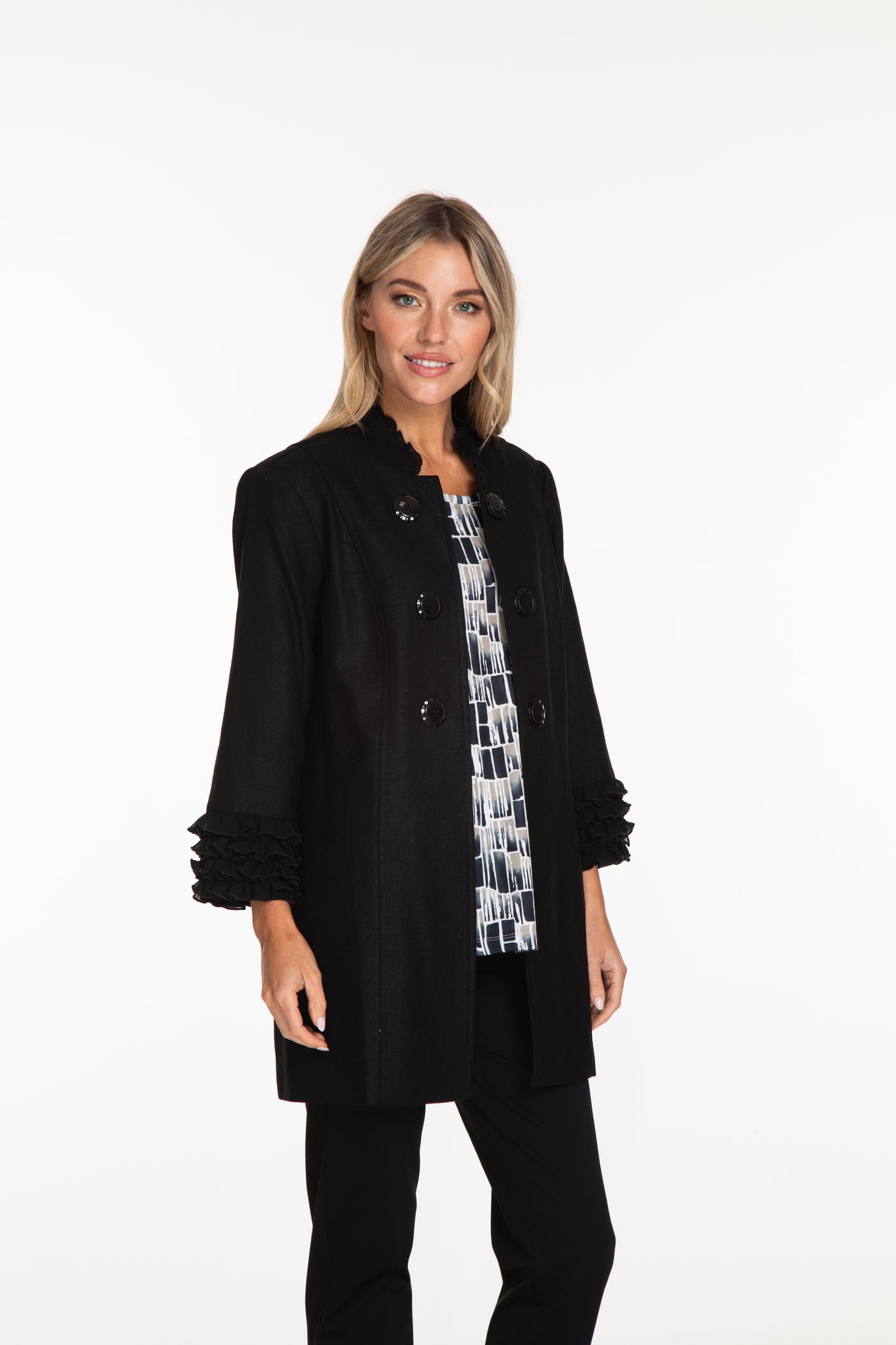 Linen Blend Jacket with Shirred Trim - Black