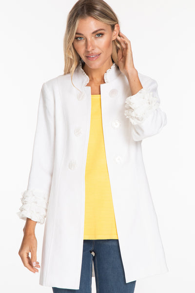 Linen Blend Jacket with Shirred Trim - Women's - White