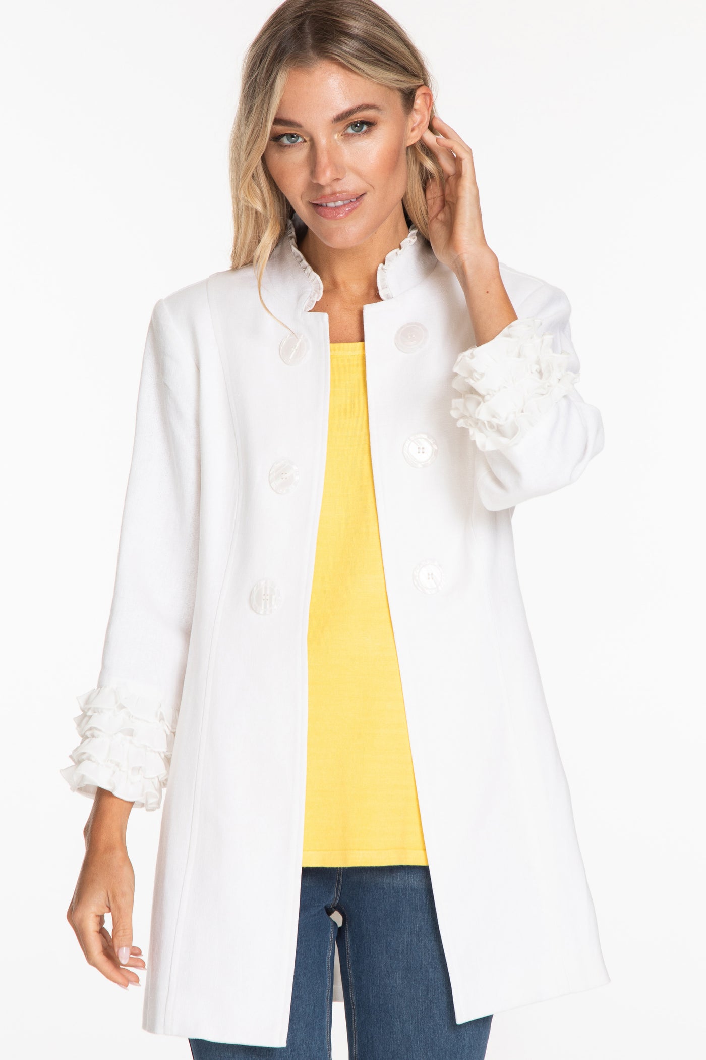 Linen Blend Jacket with Shirred Trim - White