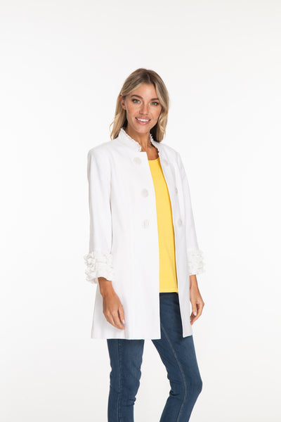 Linen Blend Jacket with Shirred Trim - Women's - White