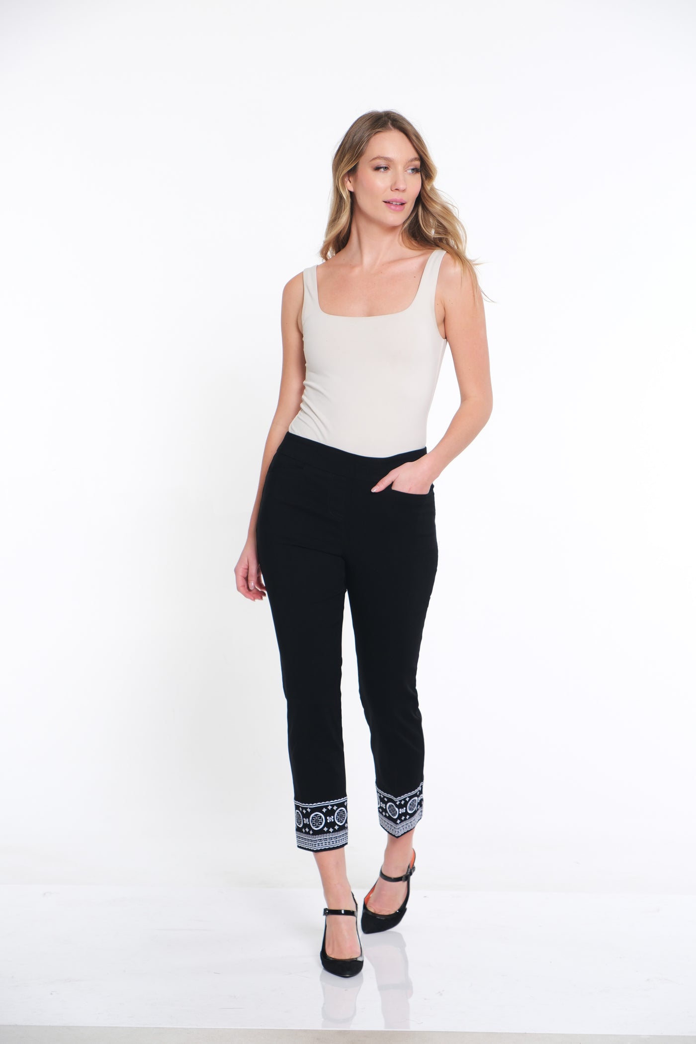 PLUS PULL-ON ANKLE PANT with Embroidered Hem - Black
