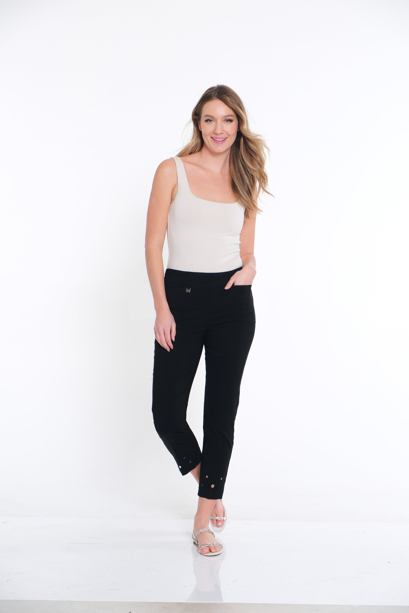 Ankle Pant with Circle Embroidered Hem - Black