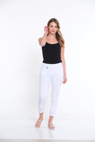 Ankle Pant with Circle Embroidered Hem - White