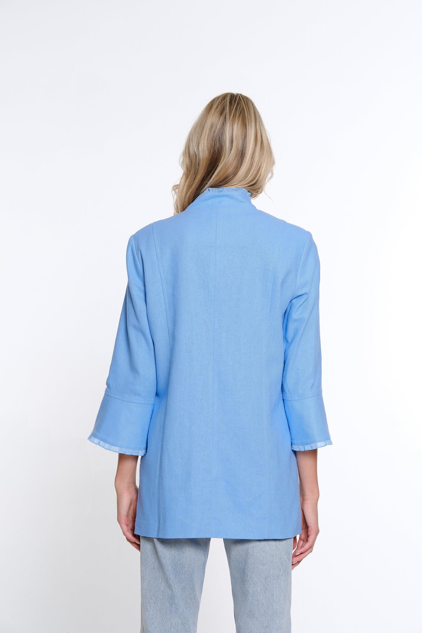 Flounce Sleeve Linen Blend Jacket - Women's - Cornflower