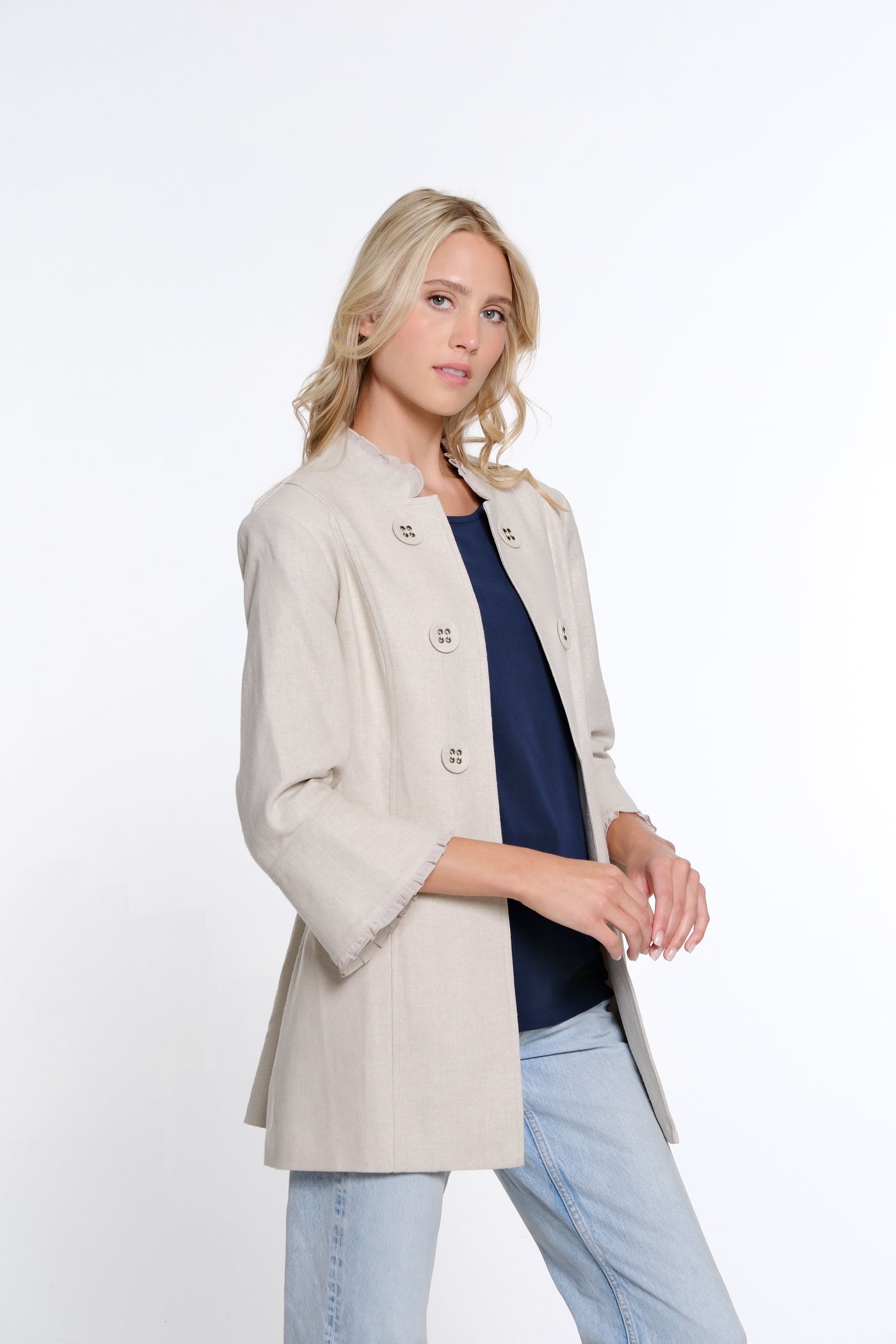 Flounce Sleeve Linen Blend Jacket - Women's - Flax