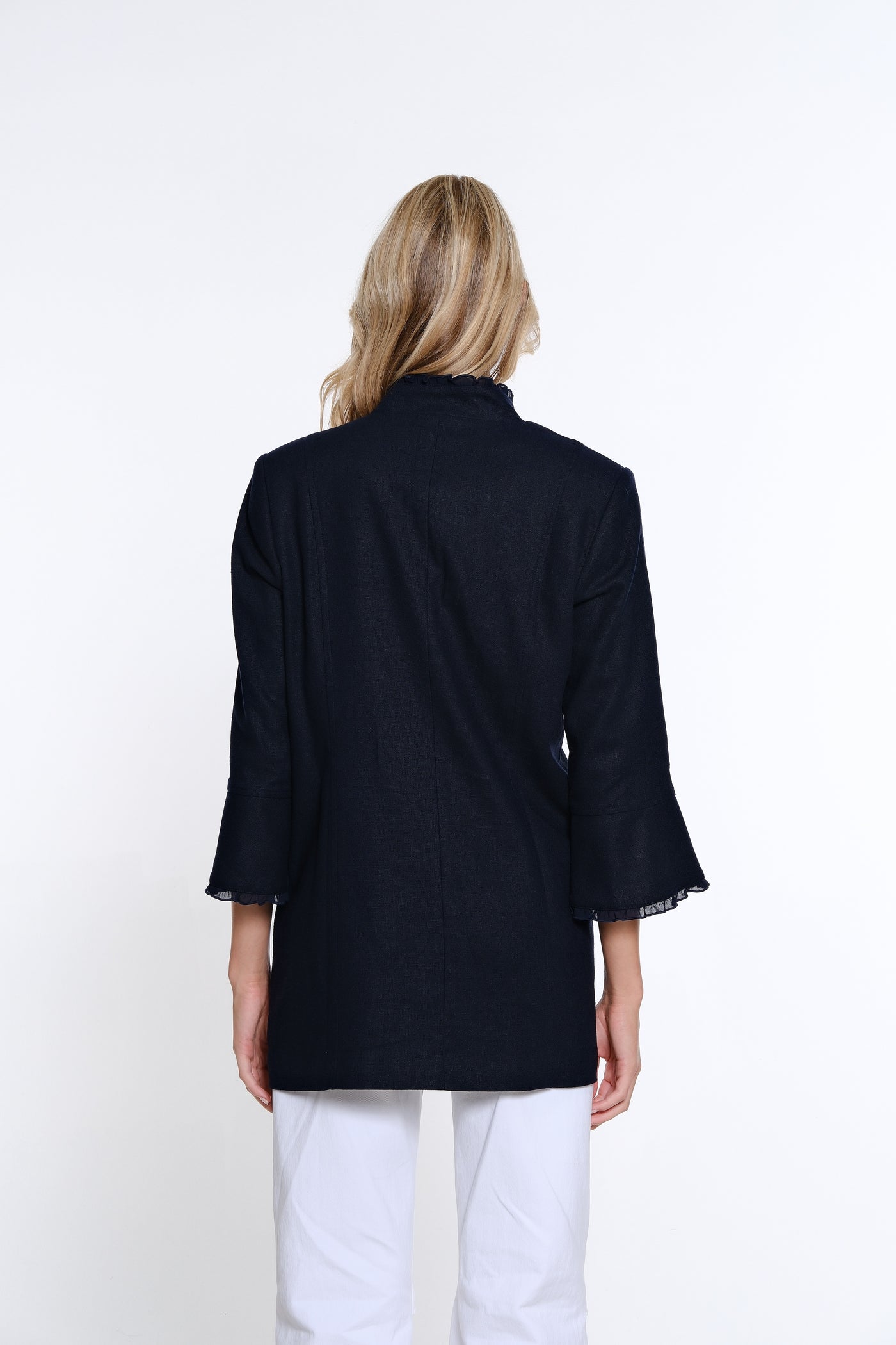 Flounce Sleeve Linen Blend Jacket - Midnight