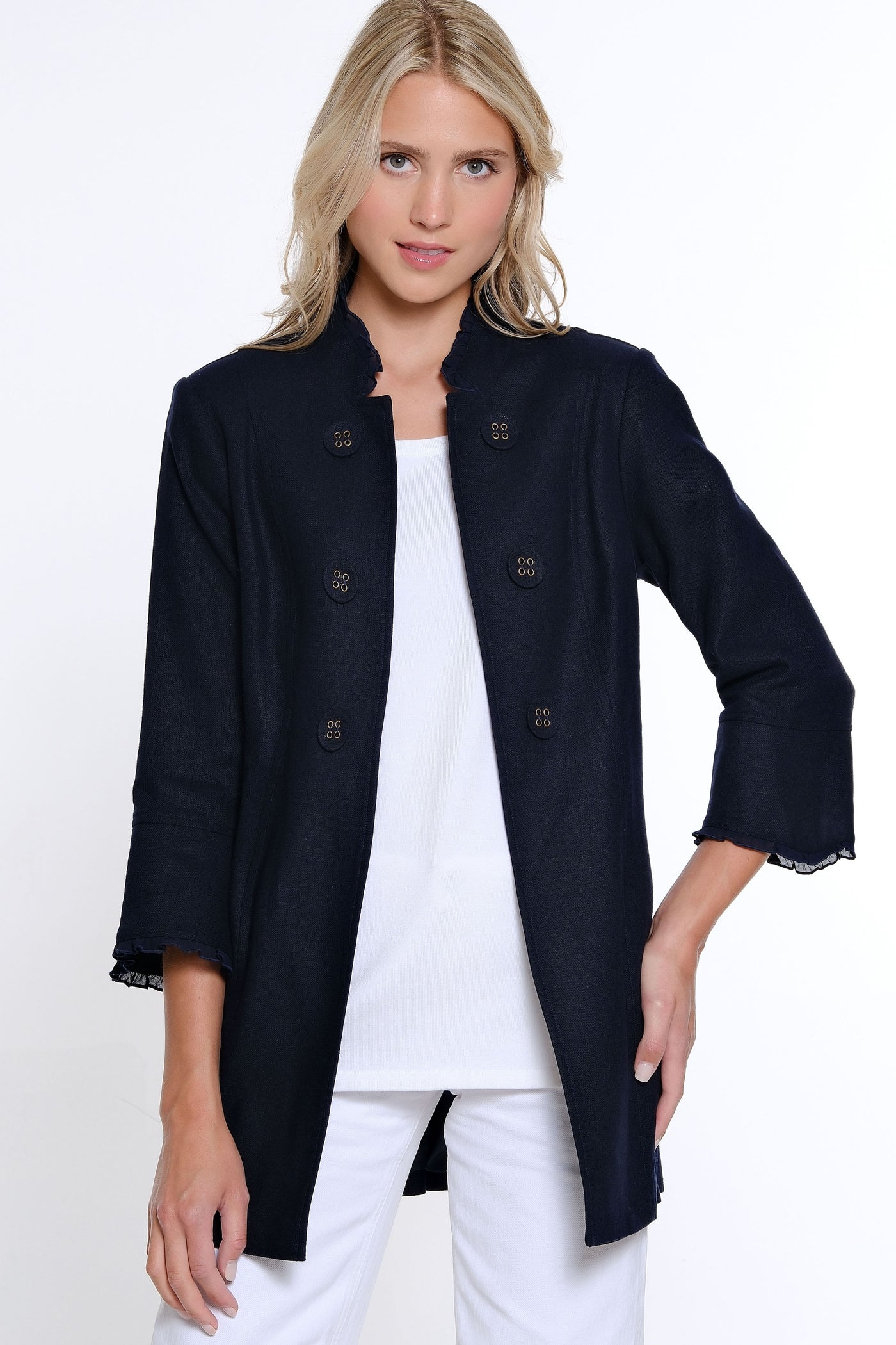 Flounce Sleeve Linen Blend Jacket - Petite - Midnight