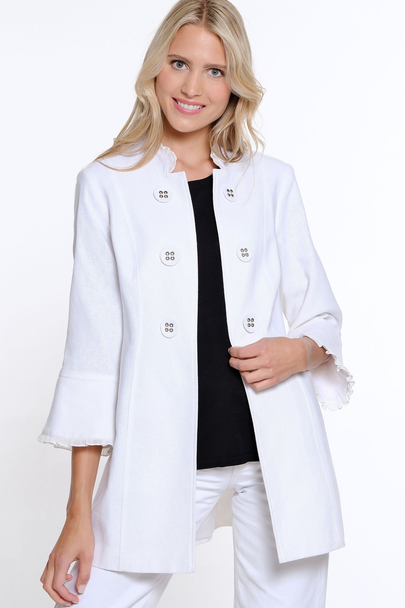 Flounce Sleeve Linen Blend Jacket - White