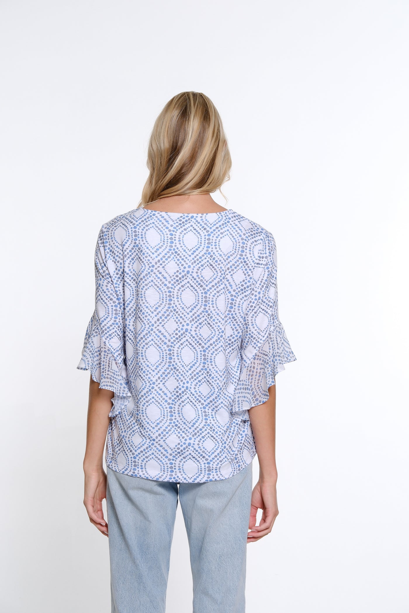 Flounce Sleeve Print Top - Block Multi