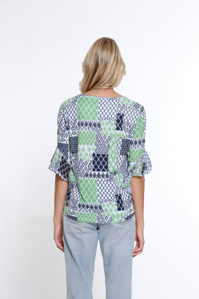 Flounce Sleeve Print Top - Geo Multi