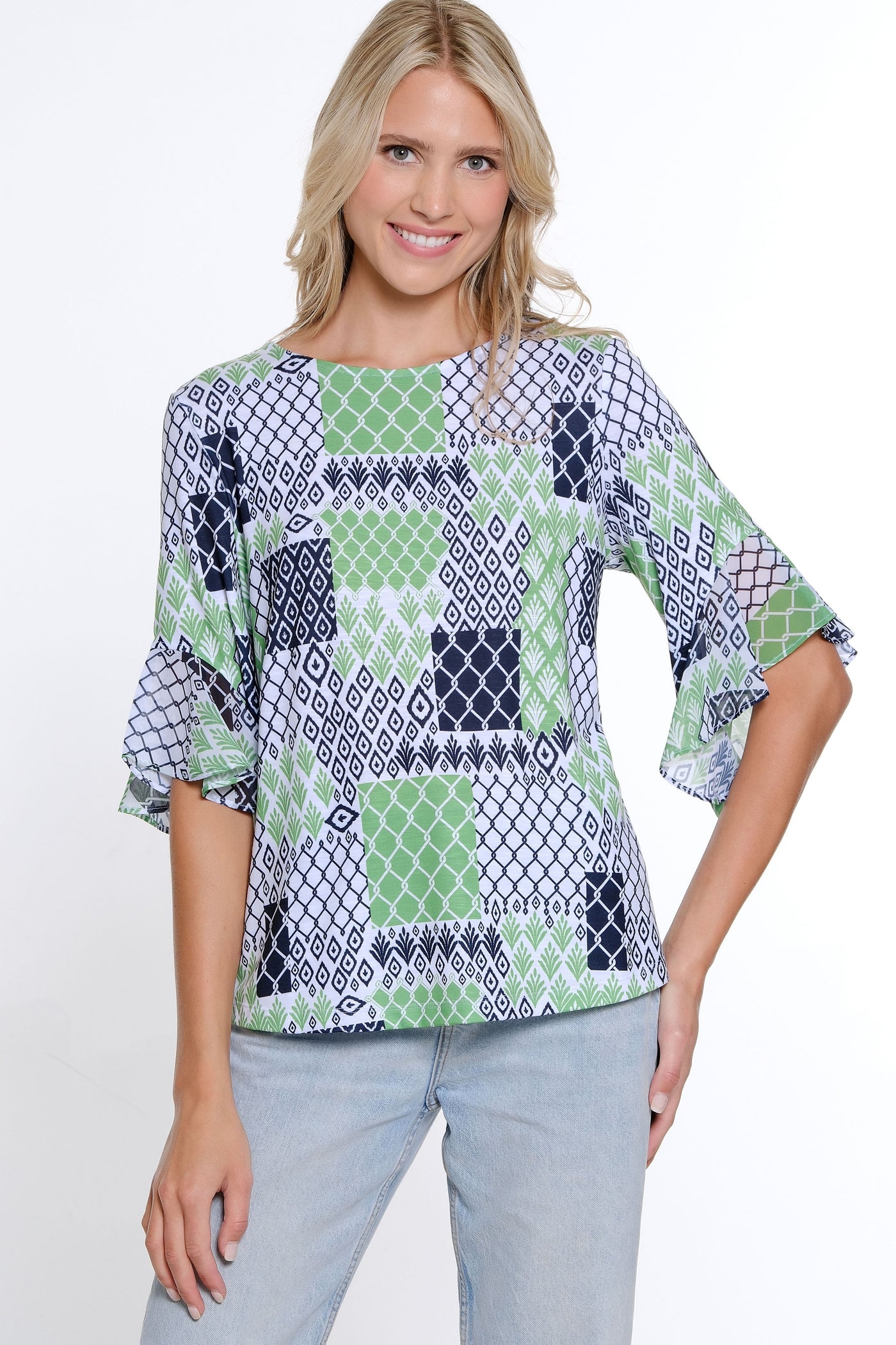 Flounce Sleeve Print Top - Petite - Geo Multi