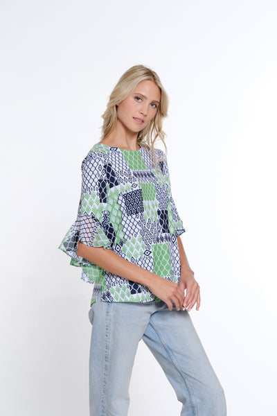 Flounce Sleeve Print Top - Women's - Geo Multi