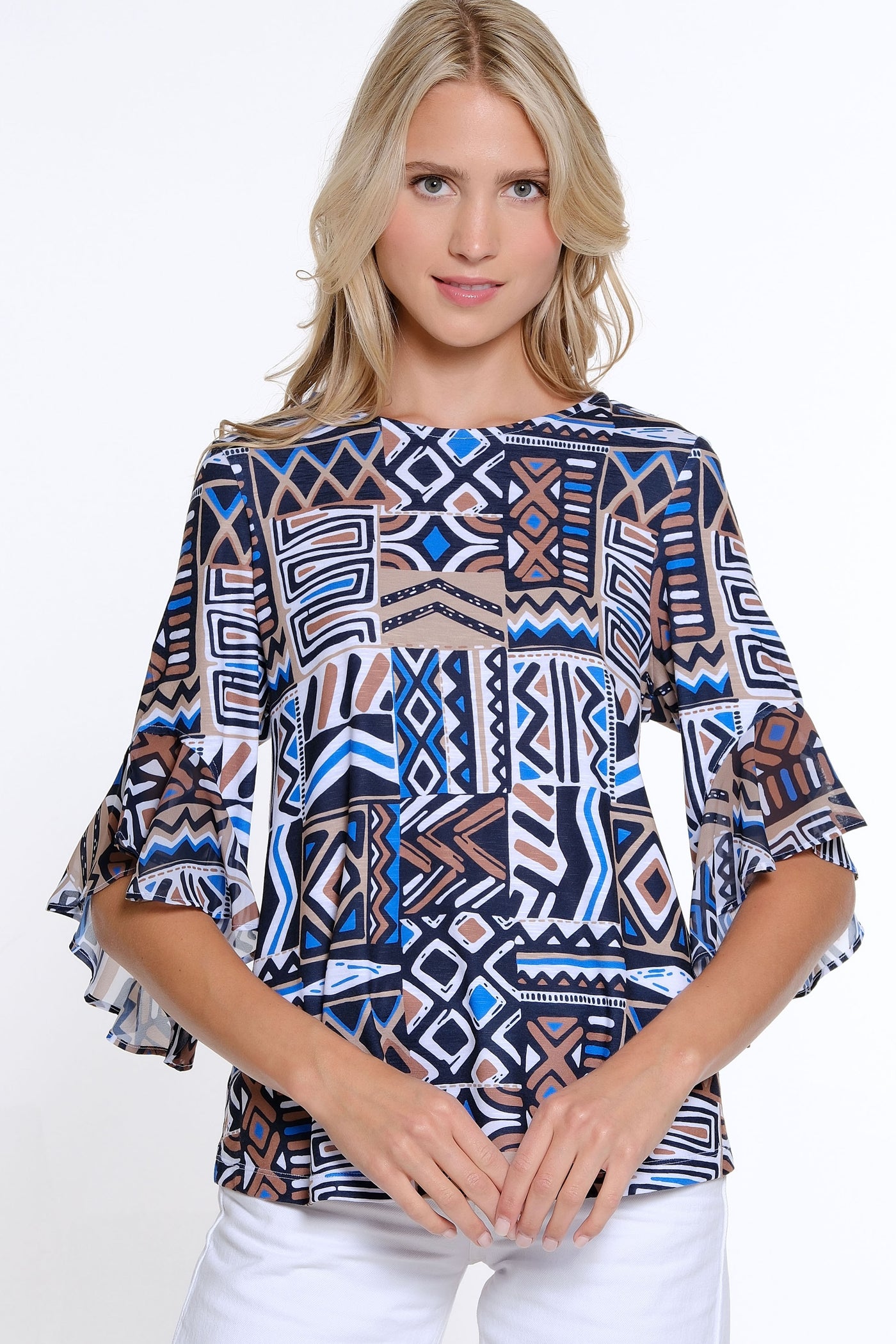 Flounce Sleeve Print Top - Patch Multi