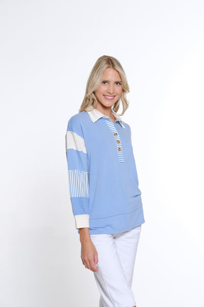 Y-Neck Terry Knit Top - Cornflower