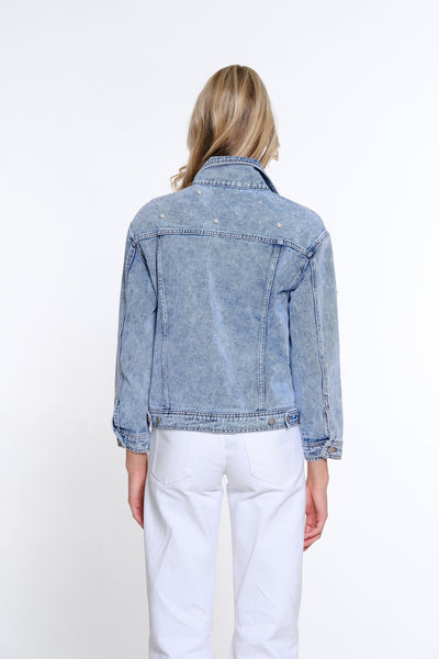 Pearl Embellished Jean Jacket - Petite - Indigo