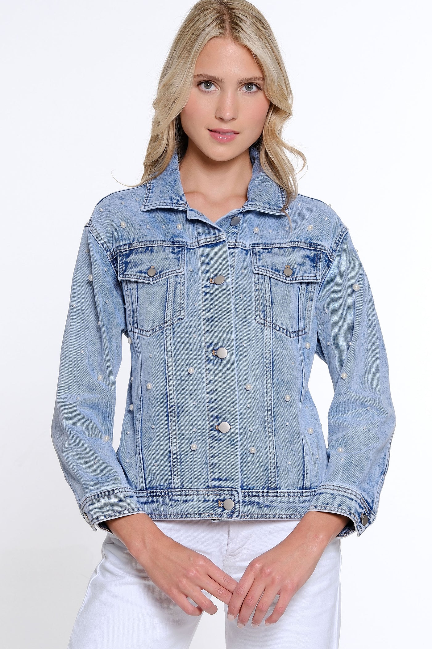 Pearl Embellished Jean Jacket - Petite - Indigo