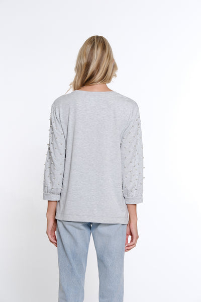 Pearl Embellished Terry Knit Top - Sky Grey