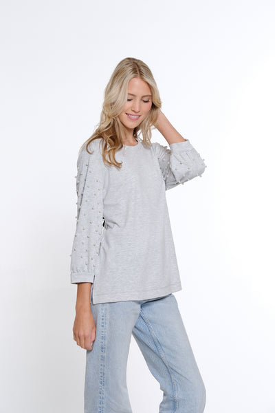 Pearl Embellished Terry Knit Top - Sky Grey