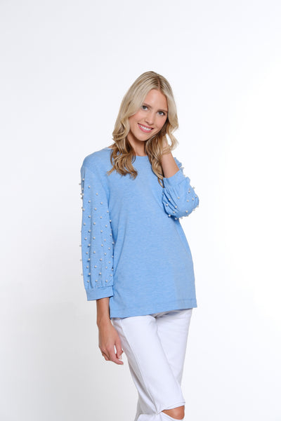 Pearl Embellished Terry Knit Top - Cornflower