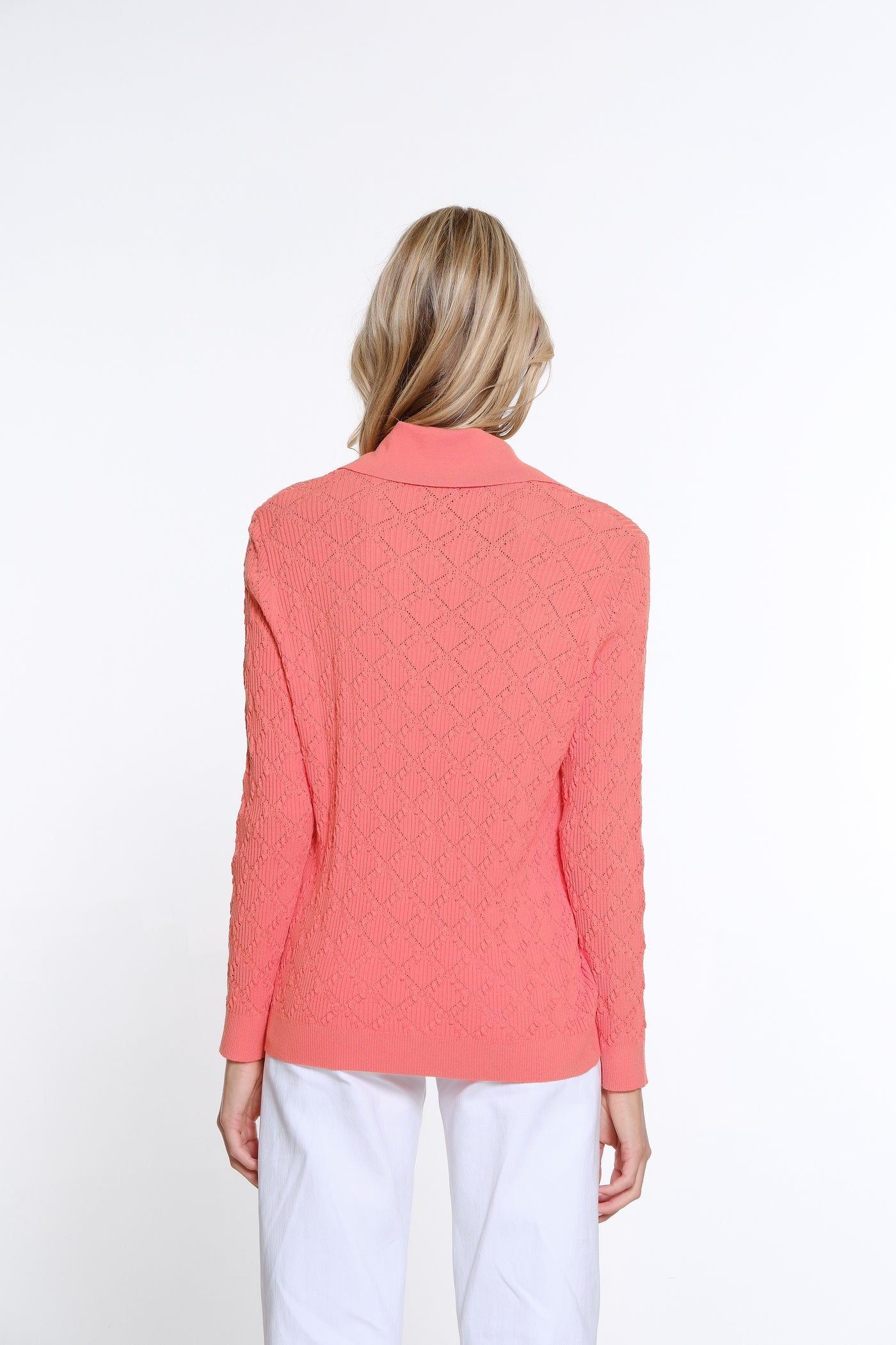 Diamond Pattern Ribbed Knit Cardigan - Coral