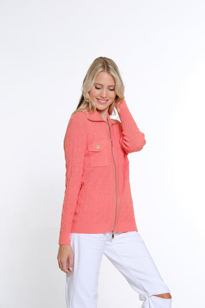 Diamond Pattern Ribbed Knit Cardigan - Coral