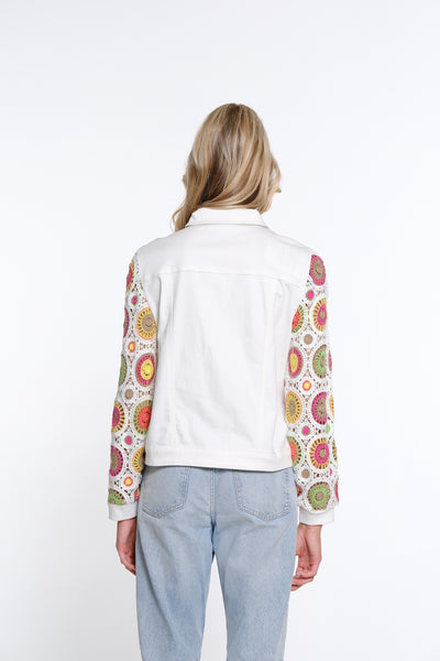 Circle Pattern Sleeve Denim Jacket - White