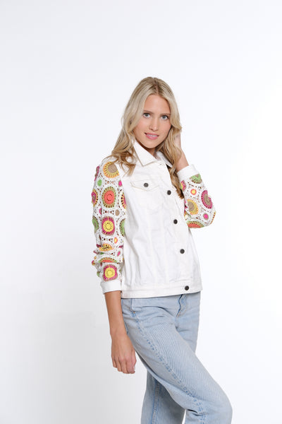 Circle Pattern Sleeve Denim Jacket - White