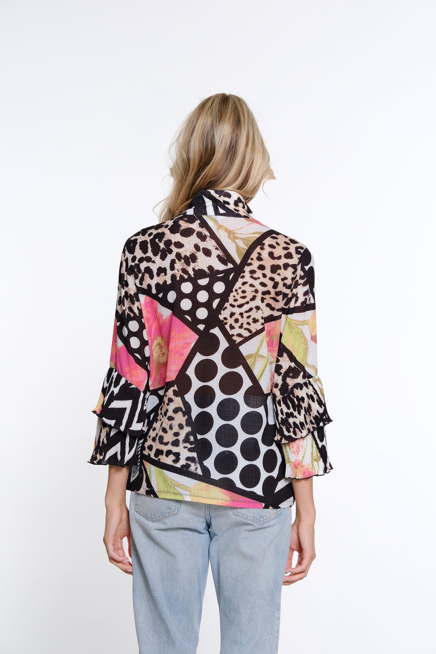 Mixed Print Flounce Sleeve Jacket - Petite - Multi