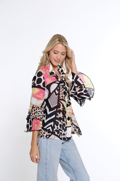 Mixed Print Flounce Sleeve Jacket - Petite - Multi