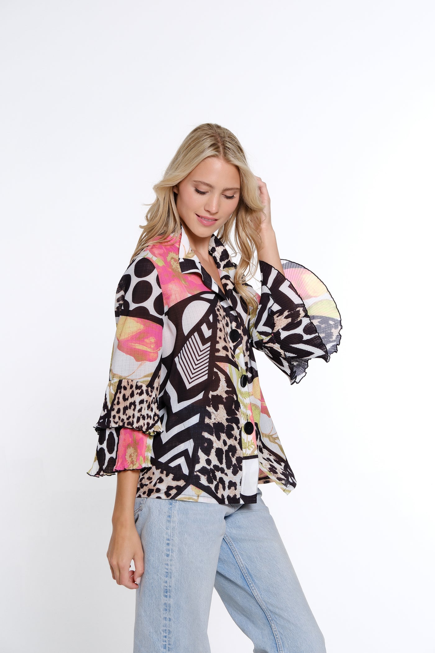 Mixed Print Flounce Sleeve Jacket - Women's - Multi