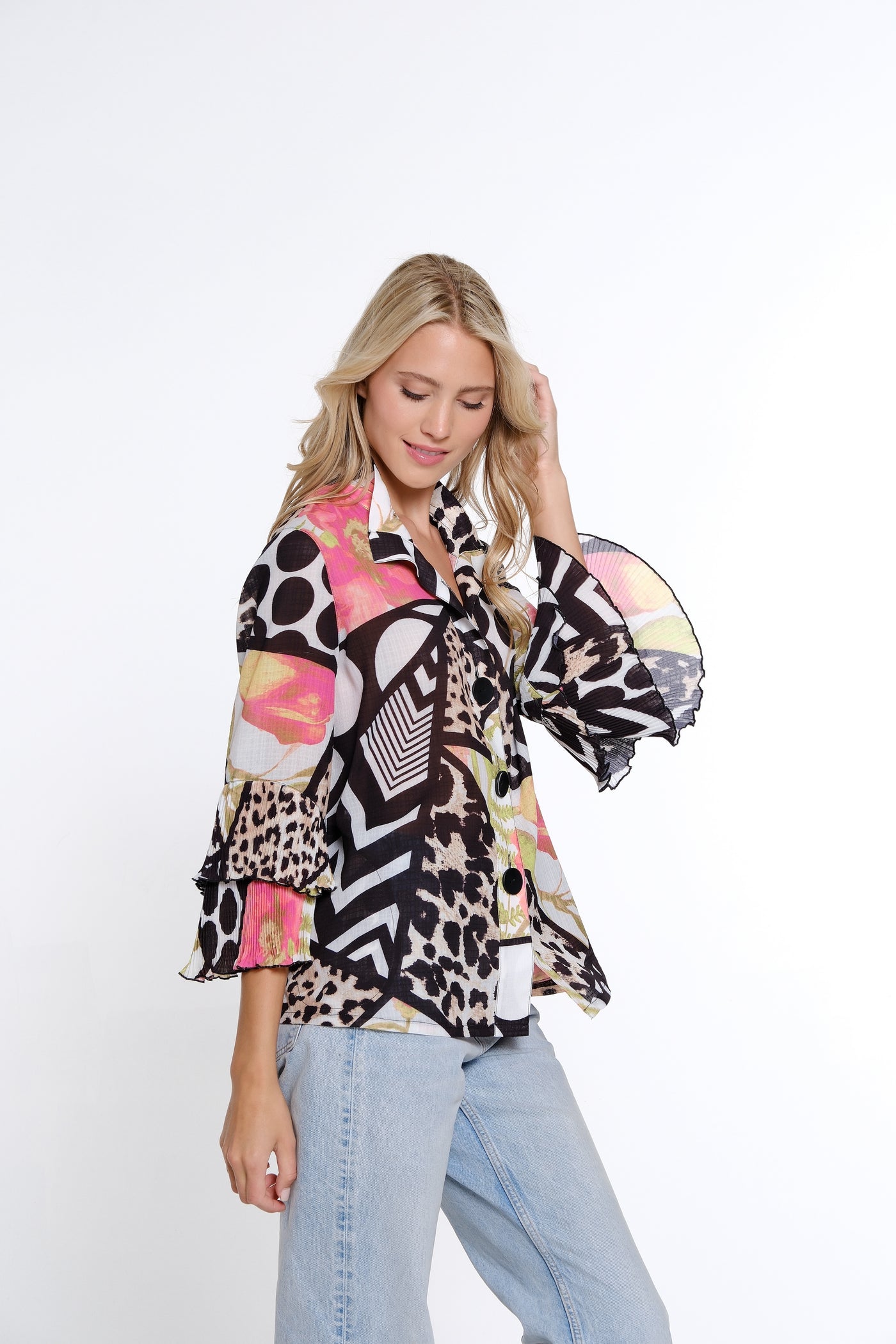 Mixed Print Flounce Sleeve Jacket - Multi