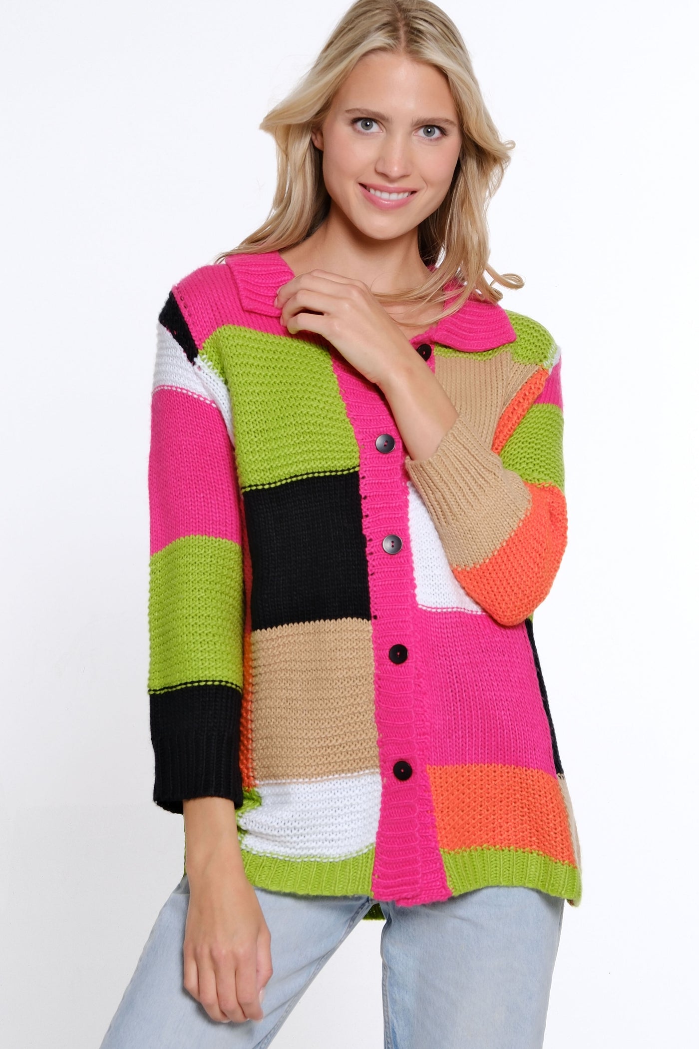 Puff Sleeve Patchwork Cardigan - Multi