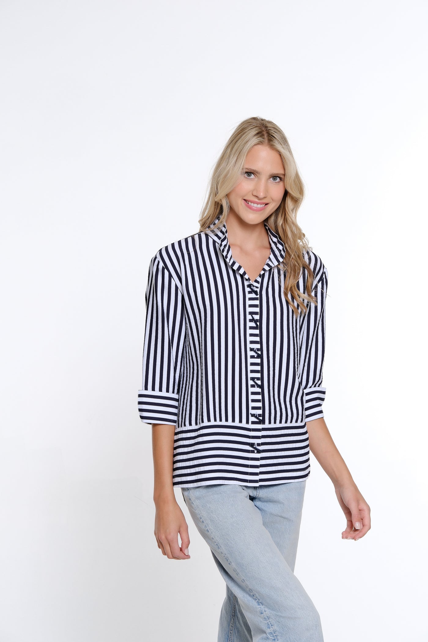 Wire Collar Striped Shirt - Women's - Midnight