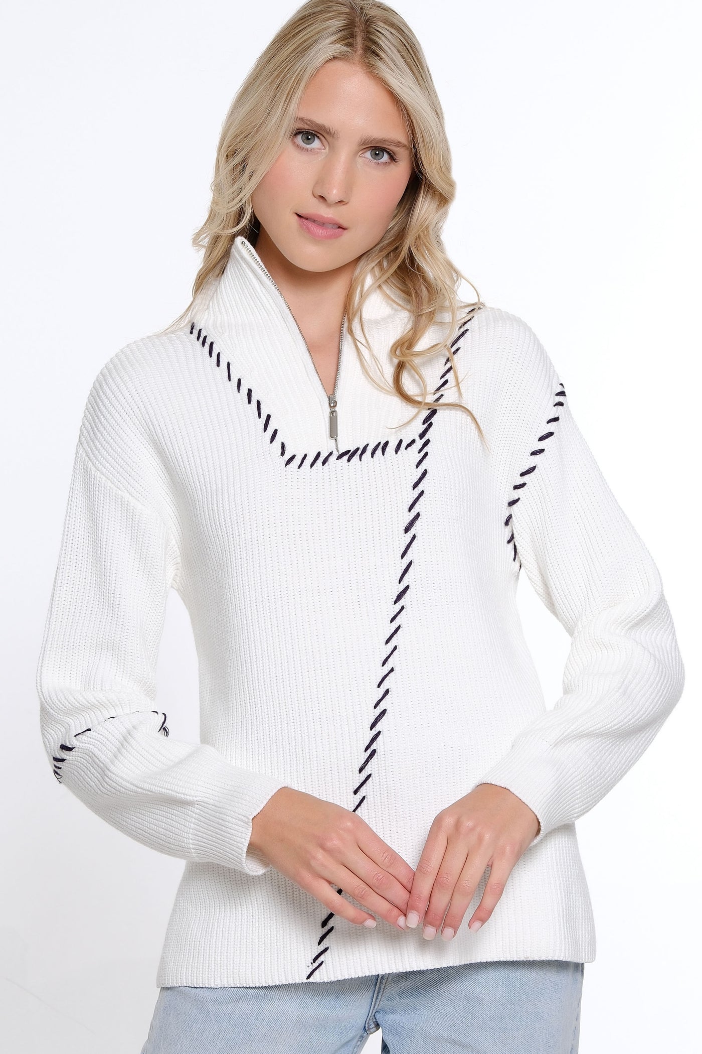 Contrast Stitch Polo Sweater - White