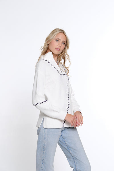 Contrast Stitch Polo Sweater - White