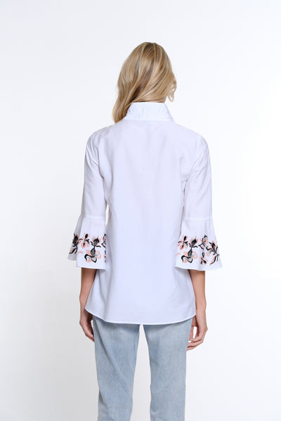 Embroidered Flounce Sleeve Shirt - Petite - White