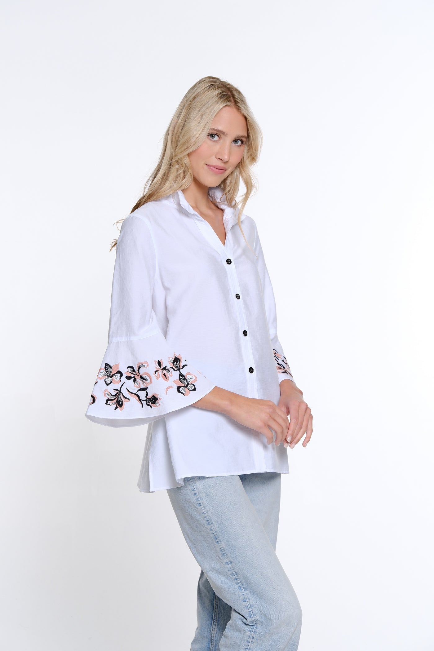 Embroidered Flounce Sleeve Shirt - Women's - White