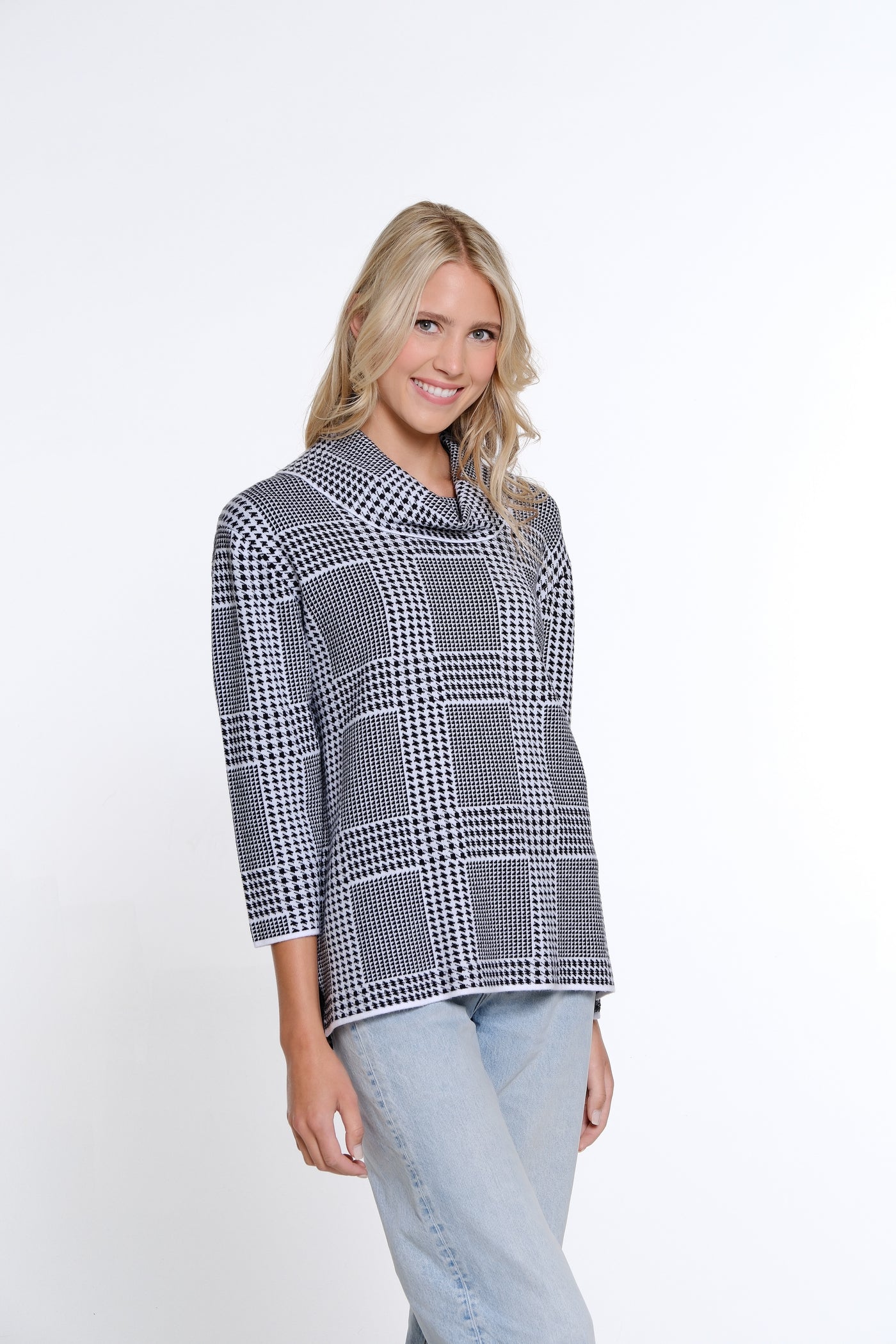 Plaid Cowl Collar Sweater - Petite - White