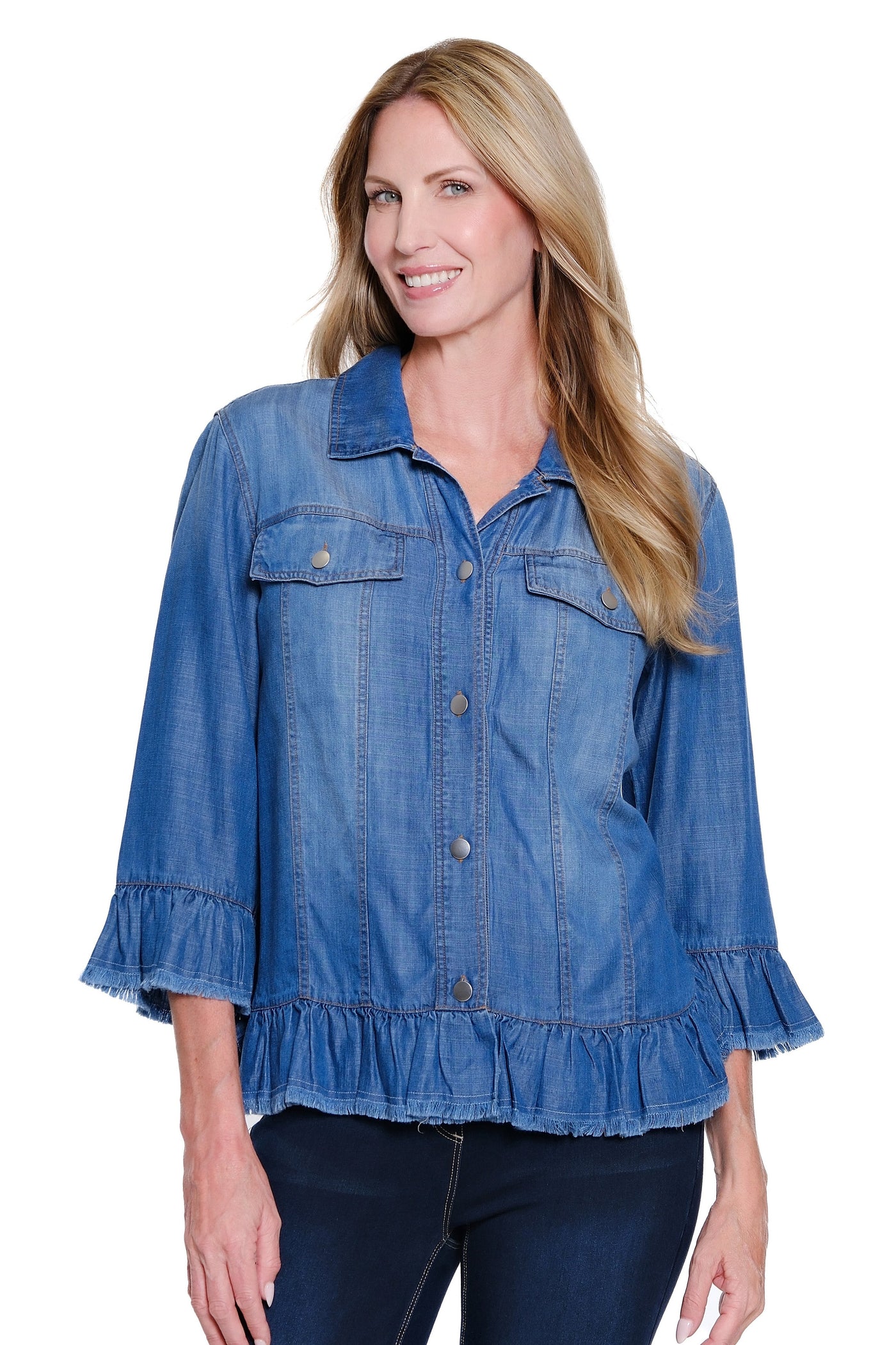 Ruffle-Hem Woven Jean Jacket - Plus - Indigo – SYI Brands-Multiples