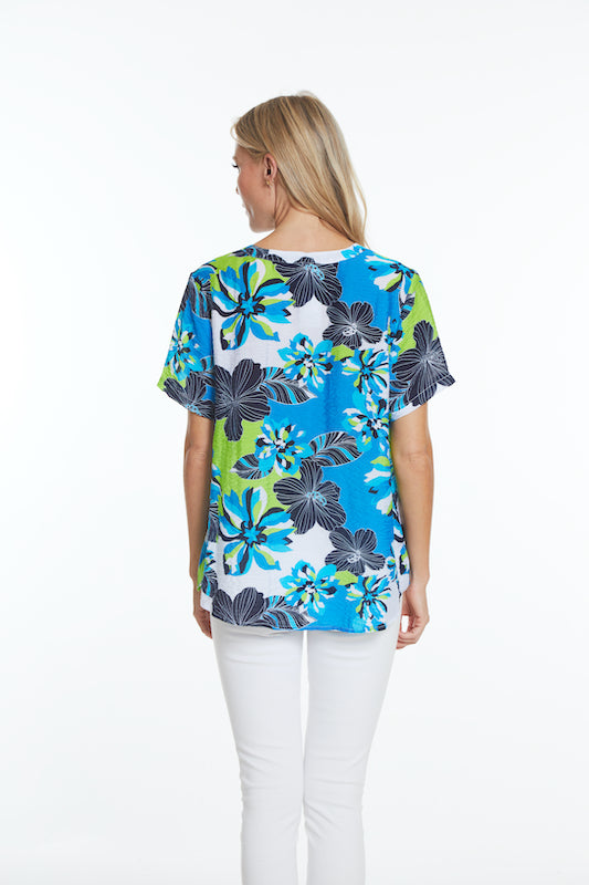 Short Sleeve Band Collar Woven Shirt- Women's - Floral Multi
