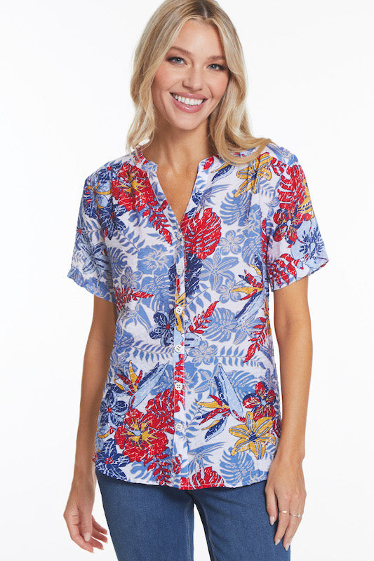 Short Sleeve Band Collar Woven Shirt- Tropical Multi