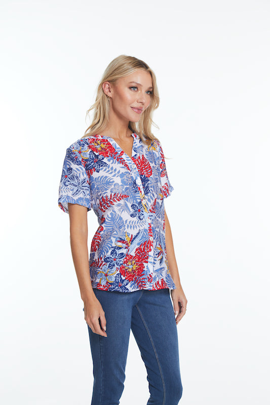 Short Sleeve Band Collar Woven Shirt- Tropical Multi