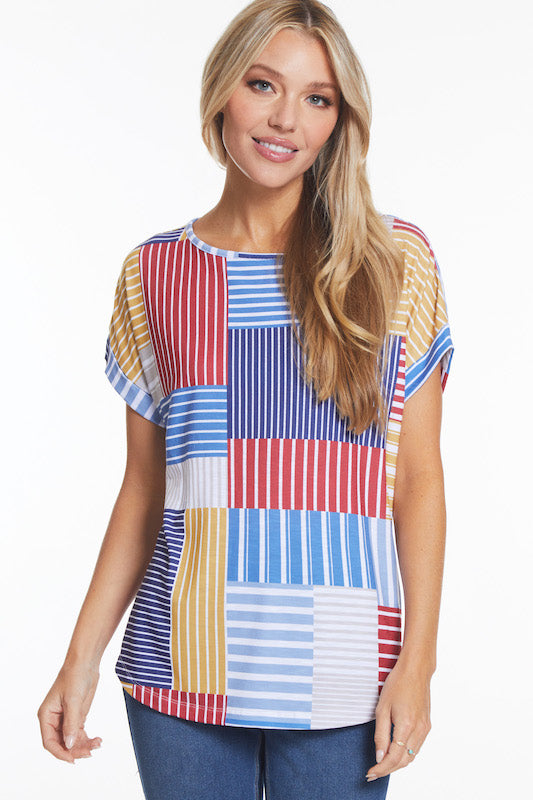 Cuffed Short Sleeve Knit Top- Patch Multi
