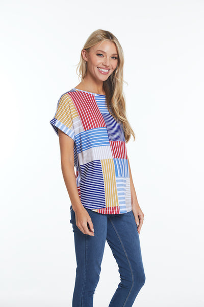 Cuffed Short Sleeve Knit Top- Patch Multi