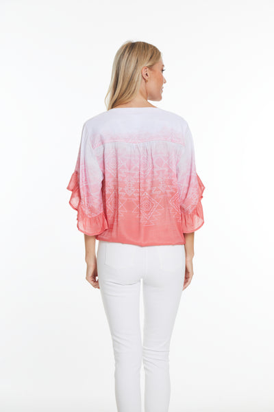 Flounce Elbow Sleeve Top - Pink Print