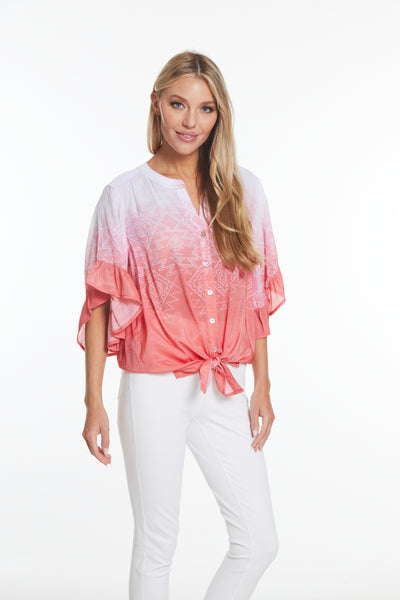 Flounce Elbow Sleeve Top - Pink Print