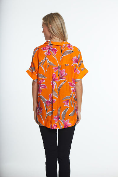 Cuffed Short Sleeve Woven Top- Multi