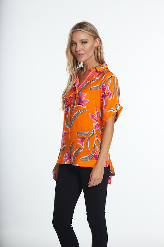 Cuffed Short Sleeve Woven Top- Multi