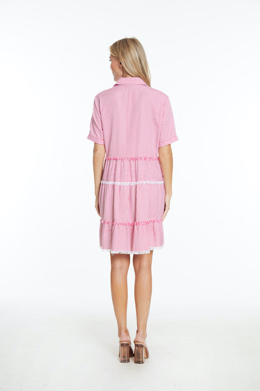 Cuffed Short Sleeve Woven Dress- Bright Pink